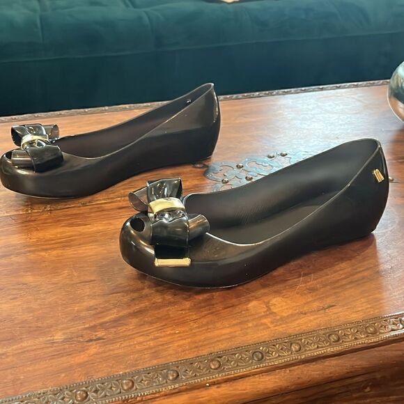 MELISSA ULTRAGIRL SWEET XVII Black and Gold Shimmer Jelly Peep-Toe, 4! - Picture 3 of 8